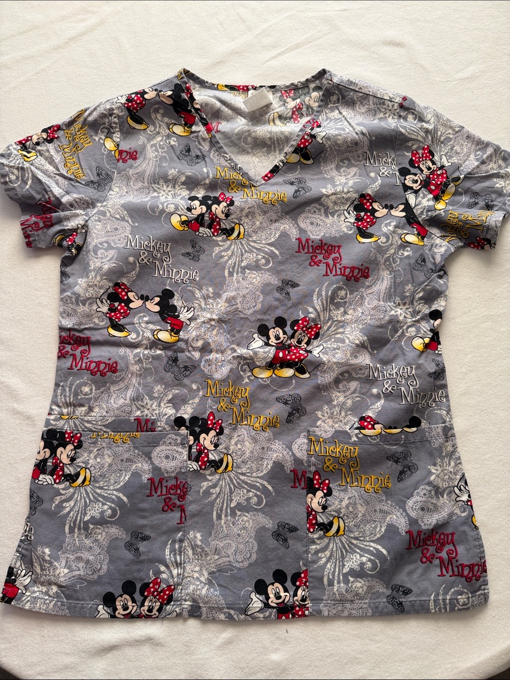 Disney Gray Mickey & Minnie Print Scrub Top - Red, Yellow, Black